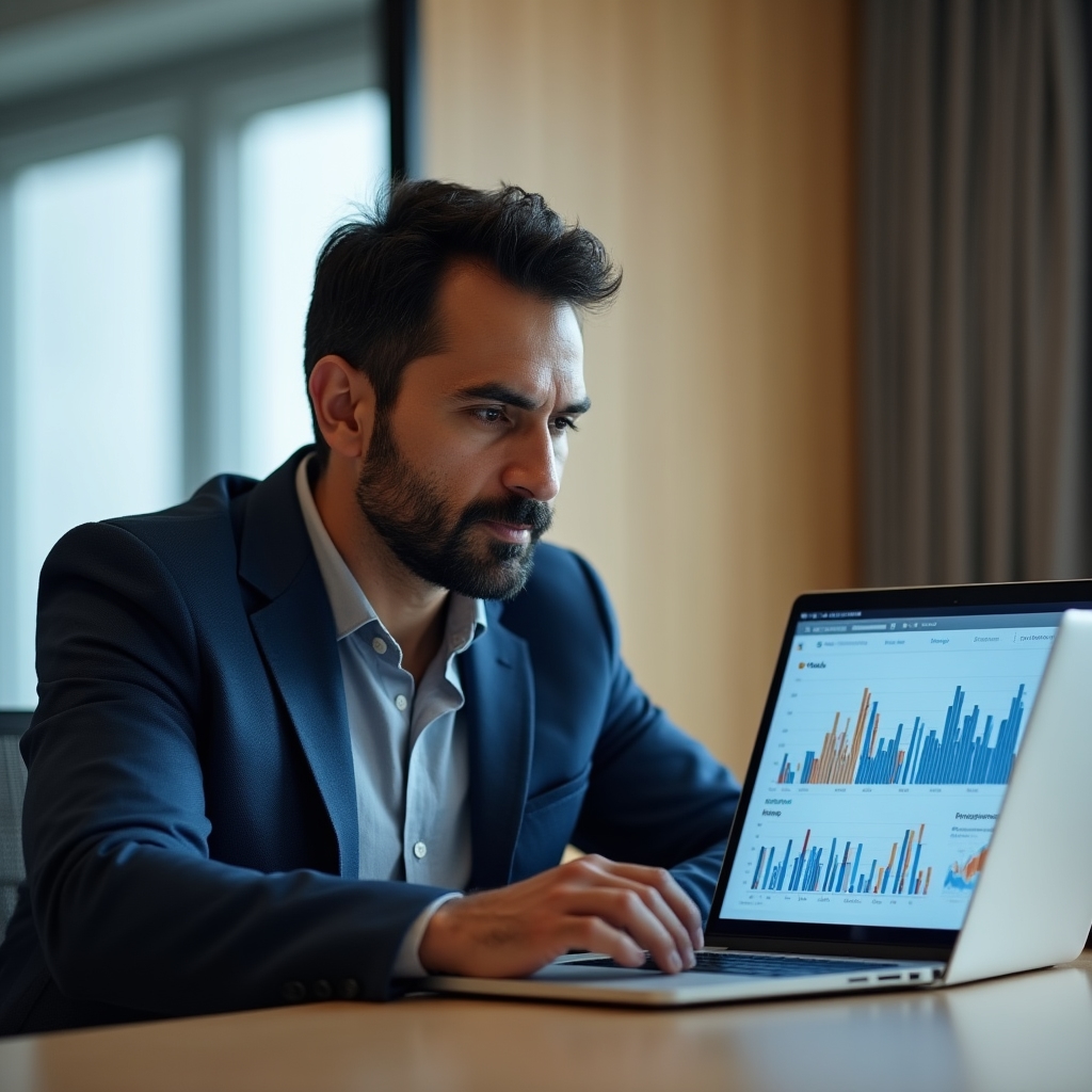 Teamleiter analysiert Kennzahlen auf einem modernen Dashboard